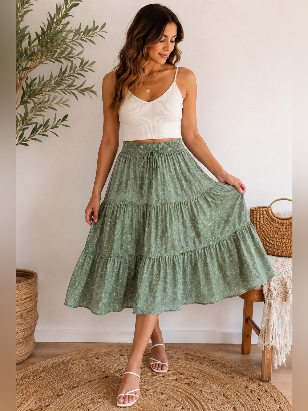 Anagram Green Floral Tiered Midi Skirt Boho Cottagecore Size CH (Small)